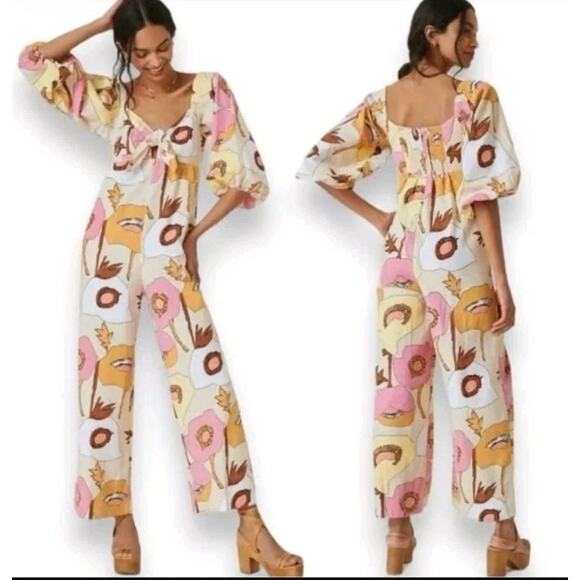 Anthropologie Bel Kazan Juna Retro Floral Jumpsuit FLORAL Sz L (V3 - Picture 1 of 8